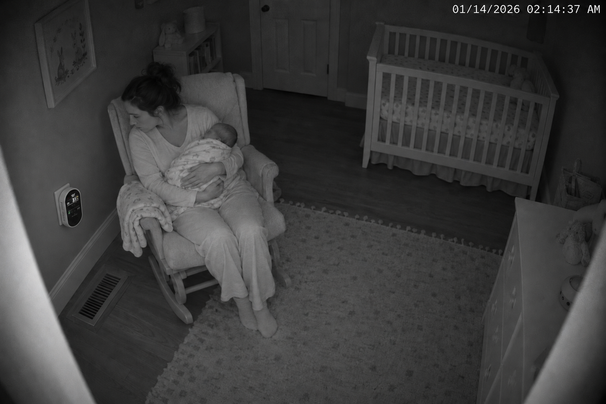 Baby monitor camera: a mother feeding her baby at 2:14 AM next to the glowing monitor