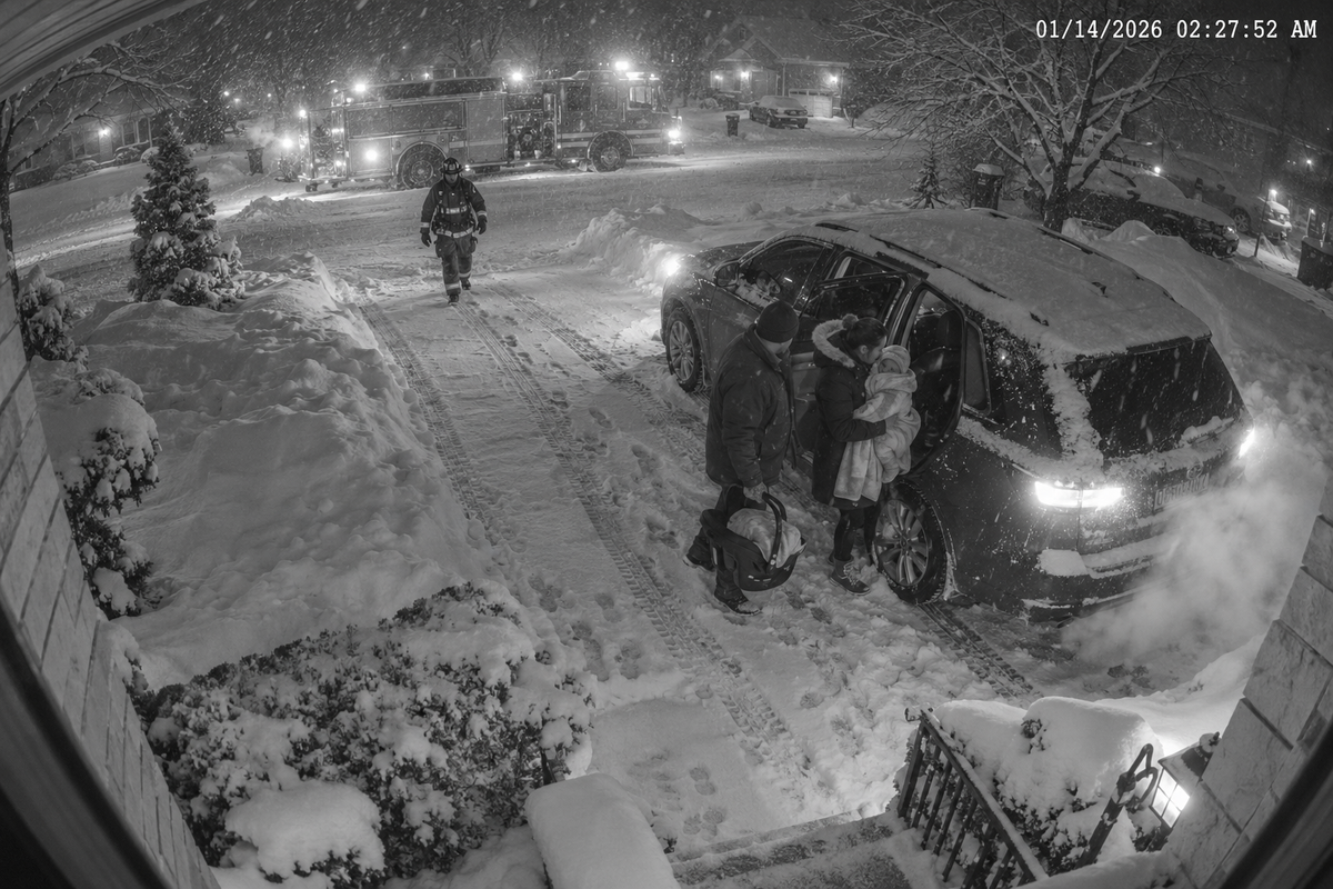 Doorbell camera: fire engine arriving at night in the snow