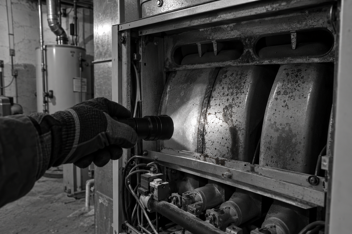 Flashlight on a hairline crack in a furnace heat exchanger