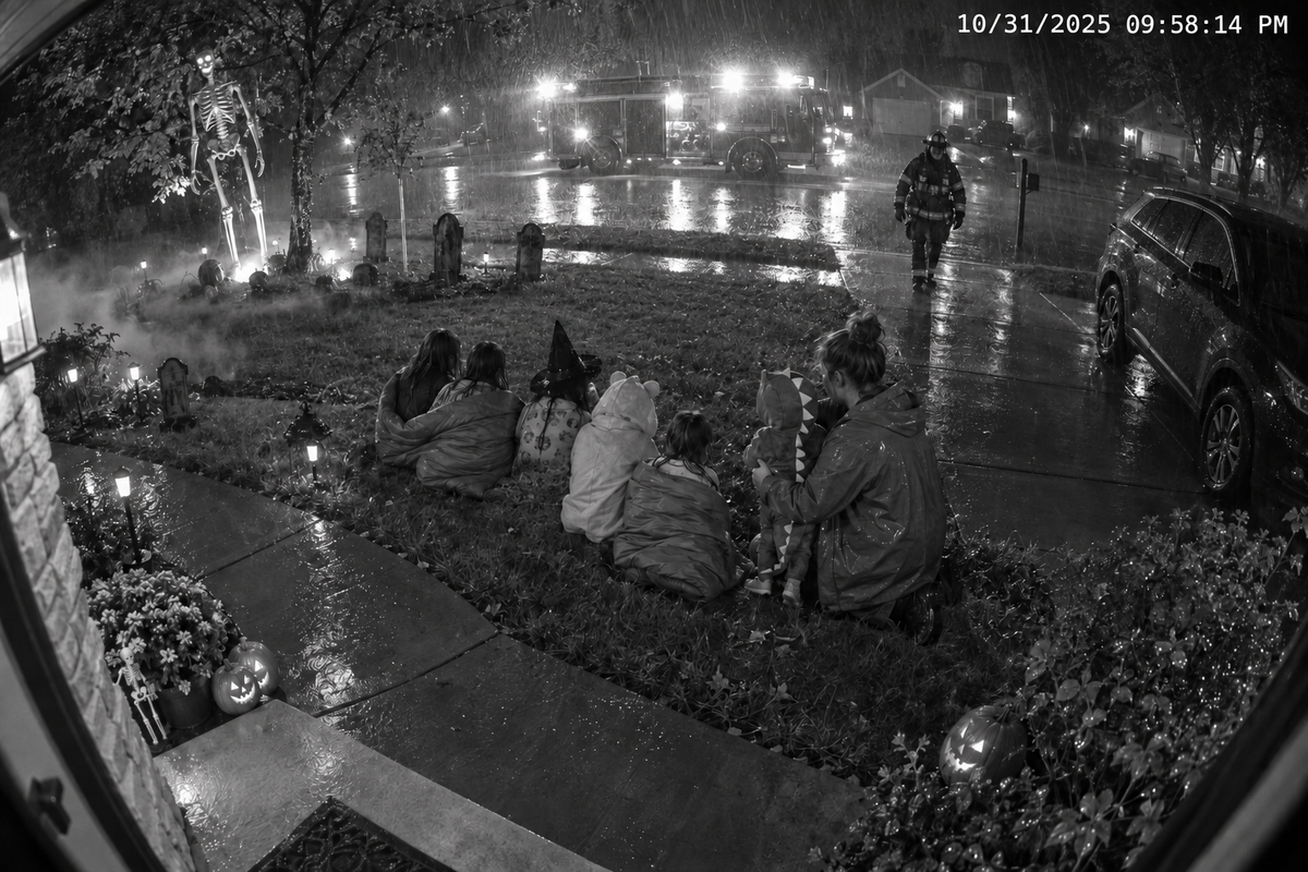 Doorbell camera: children in sleeping bags on the front lawn as the fire engine arrives