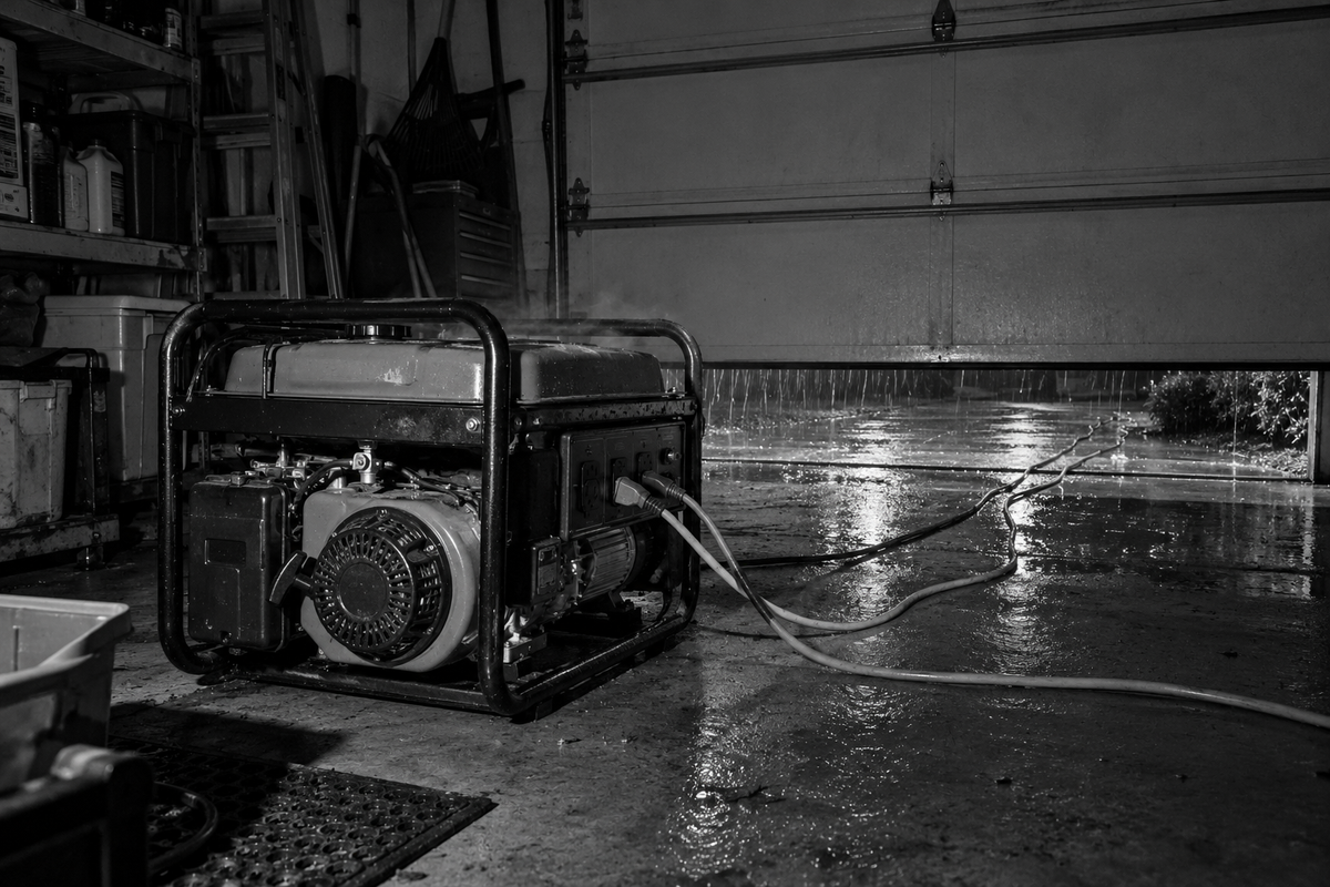 Portable generator inside the garage with the door open about a foot