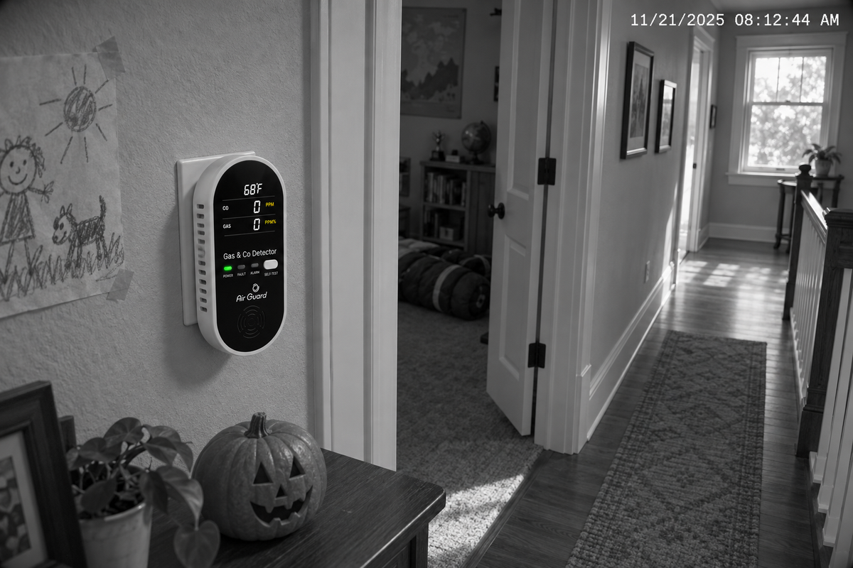 Monitor plugged in at the top of the stairs reading 0 ppm